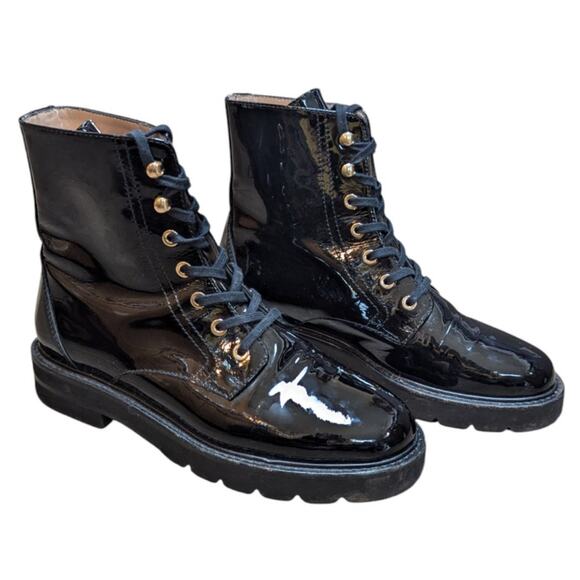 Stuart Weitzman Mila Lug Sole Black Patent Leather Combat Boot Lace Up 6.5 - Picture 2 of 7